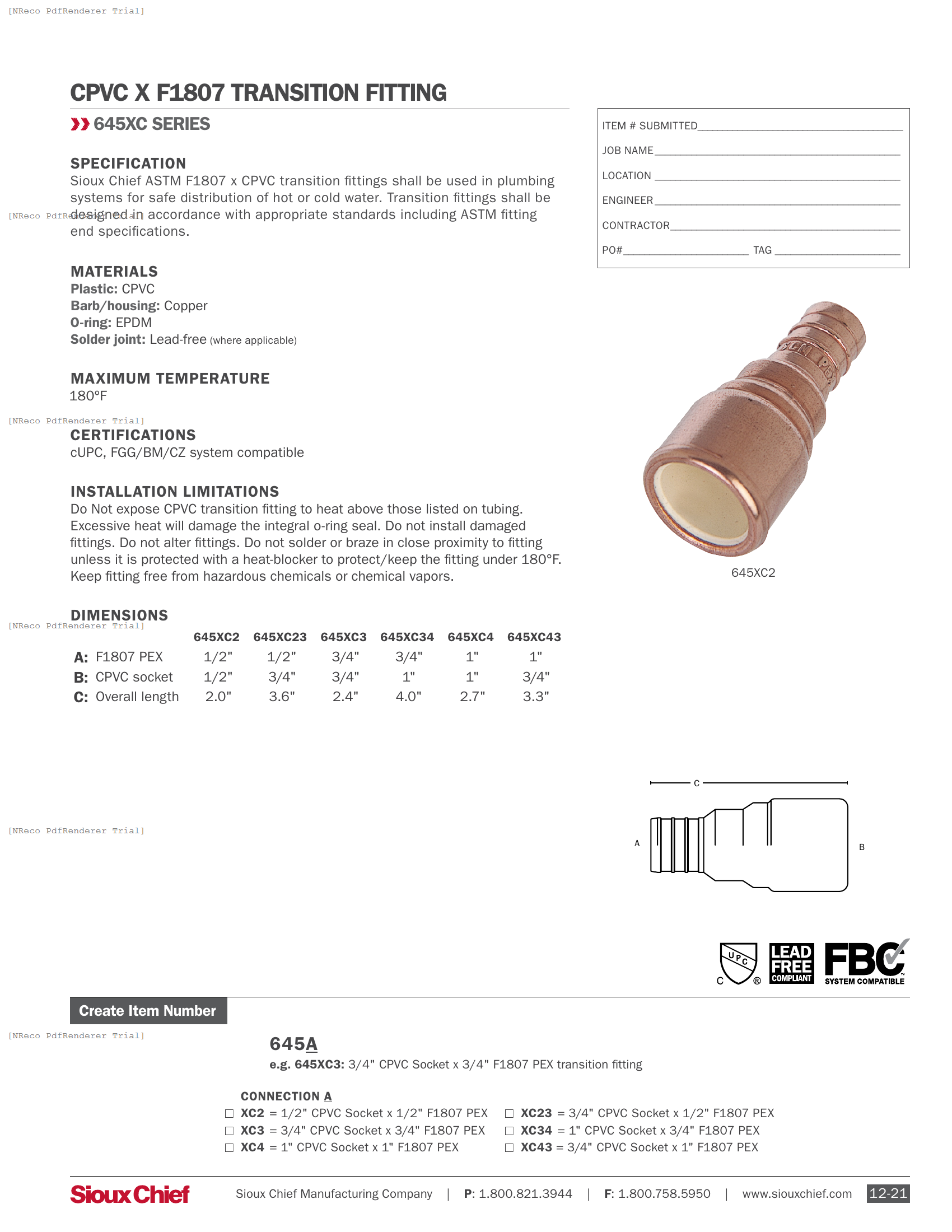 645XC SERIES - CPVC X F1807 TRANSITION FITTING - SPEC SHEET.PDF Specification Document